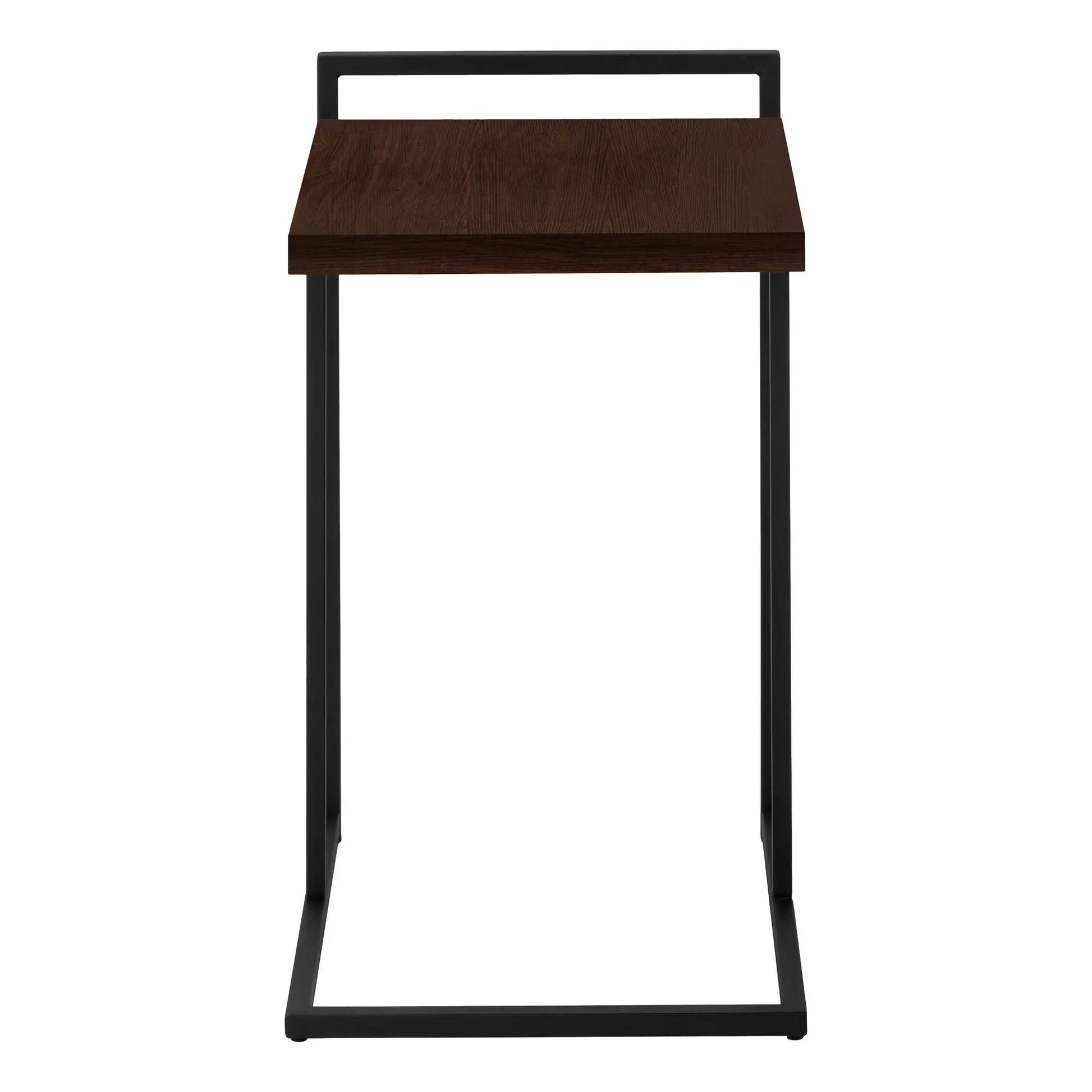 C-shaped accent table with dark wood top and black metal frame on Tampa Home & Garden Store