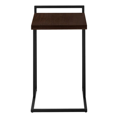 C-shaped accent table with dark wood top and black metal frame on Tampa Home & Garden Store