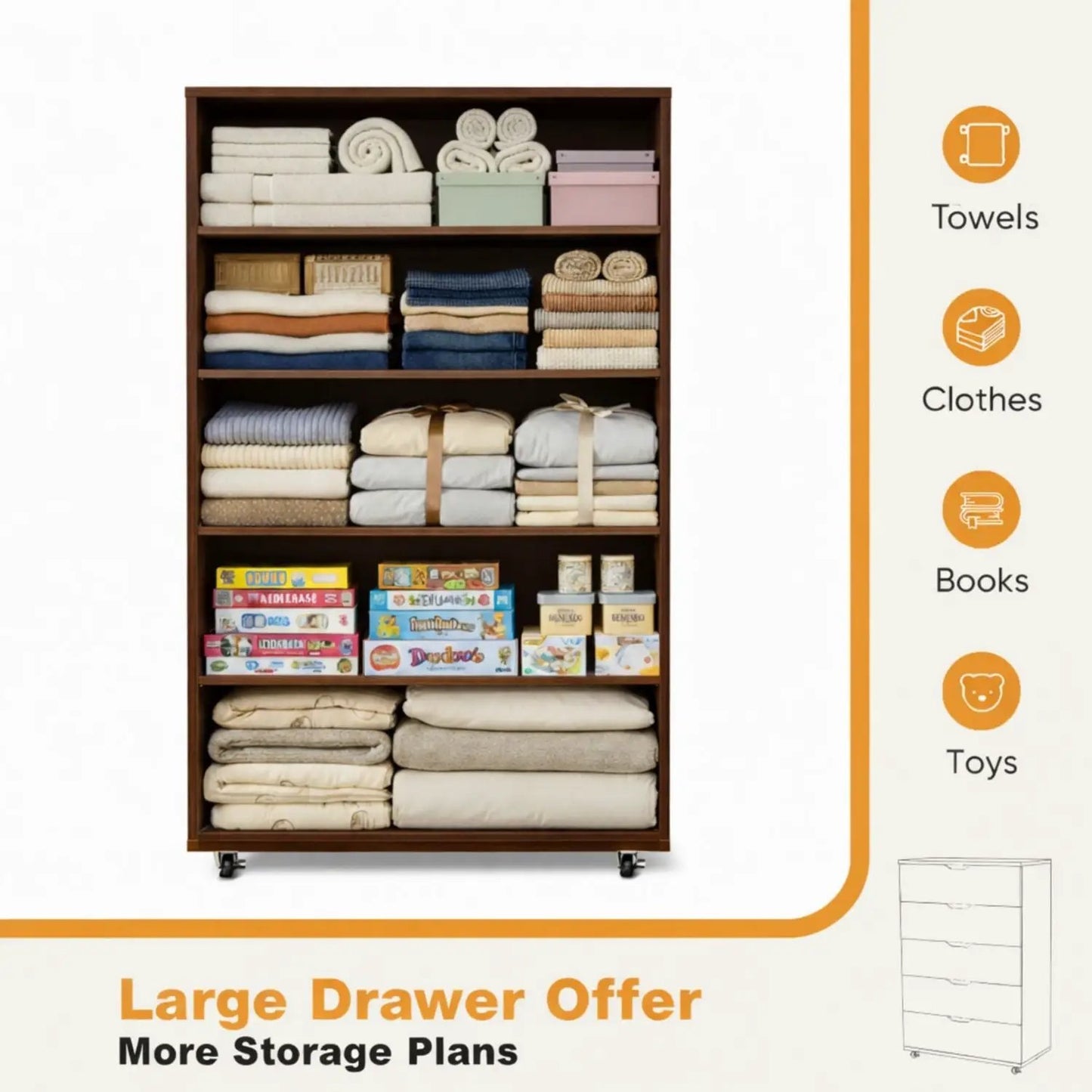 Modern 5-Drawer Dresser on wheels in dark wood, top shelves with towels and linens on Tampa Home & Garden Store