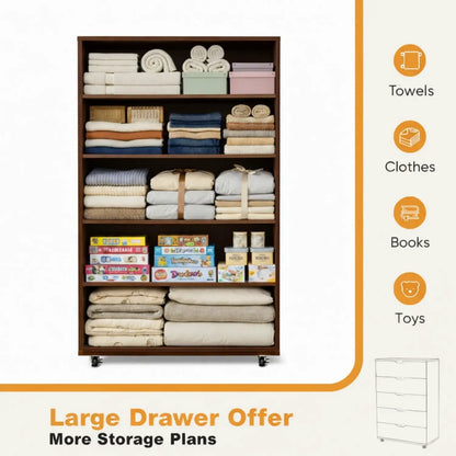Modern 5-Drawer Dresser on wheels in dark wood, top shelves with towels and linens on Tampa Home & Garden Store