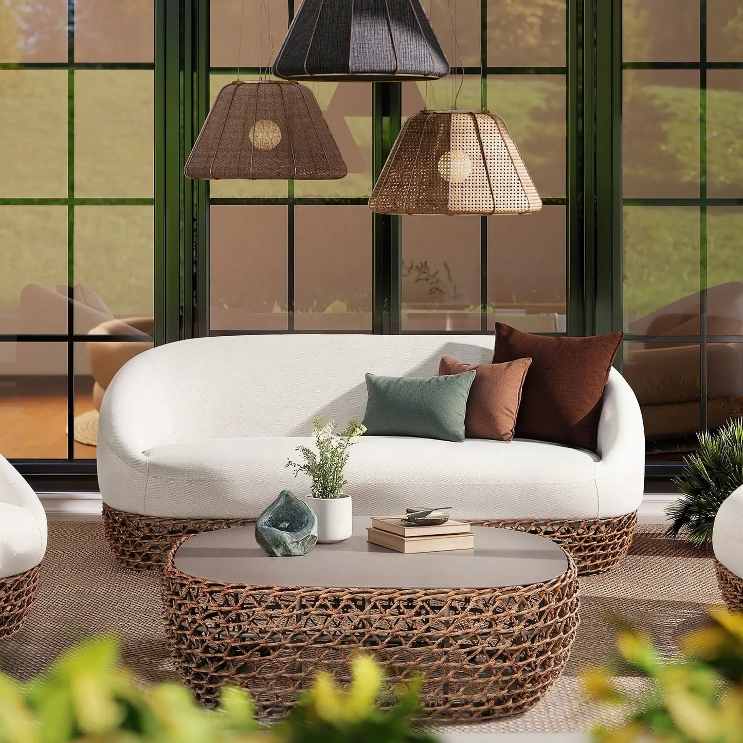 Willow Upholstered Patio Deep Seating Sofa, white fabric, brown/teal cushions, wicker base on Tampa Home & Garden Store