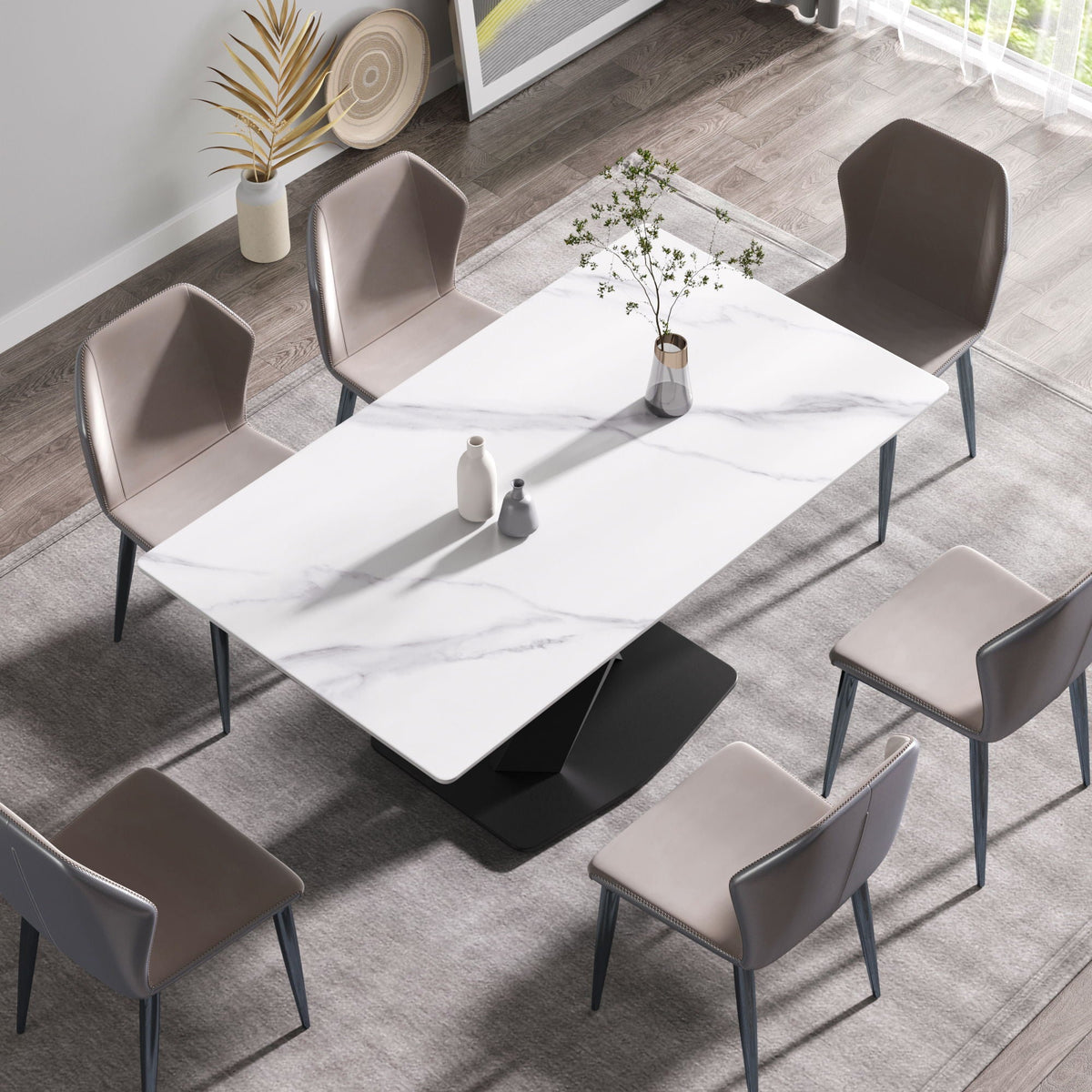 Modern artificial stone dining table with white marble top and black metal X-leg base on Tampa Home & Garden Store