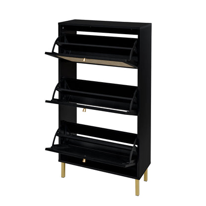 Modern Rattan 3-Door Shoe Rack Cabinet in black with gold legs, HouseOfZazla shoe organizer on Tampa Home & Garden Store