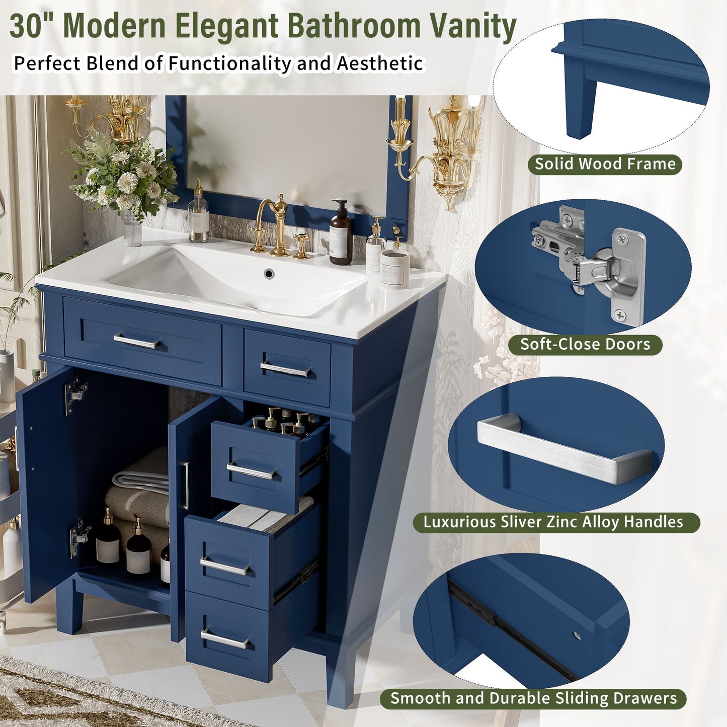 Modern bathroom vanity with sink, blue wood frame, deep & standard drawers, soft-close doors on Tampa Home & Garden Store