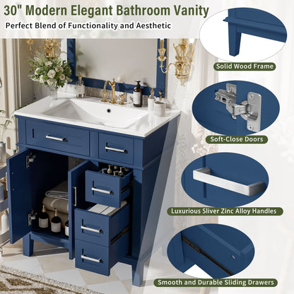 Modern bathroom vanity with sink, blue wood frame, deep & standard drawers, soft-close doors on Tampa Home & Garden Store