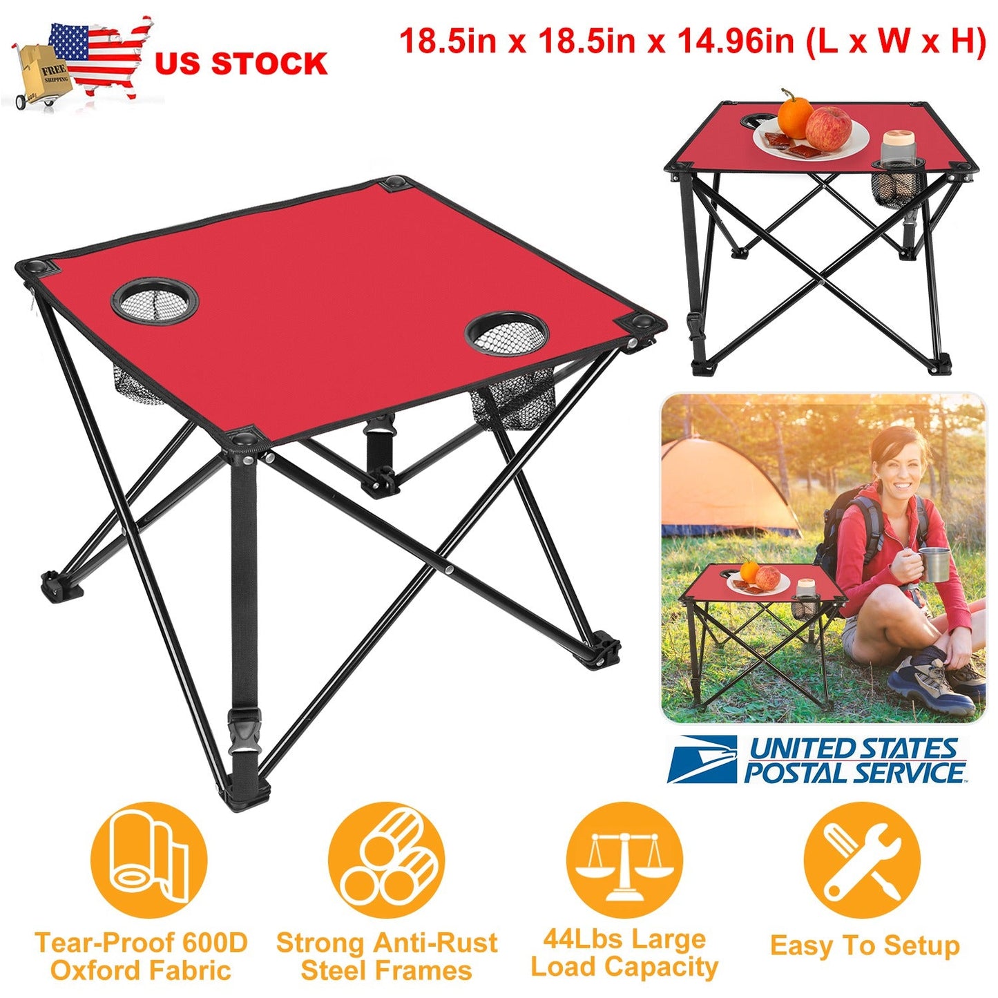 GemGear 2-pc foldable camping table set with red top and cup holders portable steel frame on Tampa Home & Garden Store