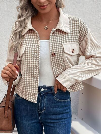 Stevvex women's houndstooth button-up cropped jacket with beige sleeves and chest pockets on Tampa Home & Garden Store