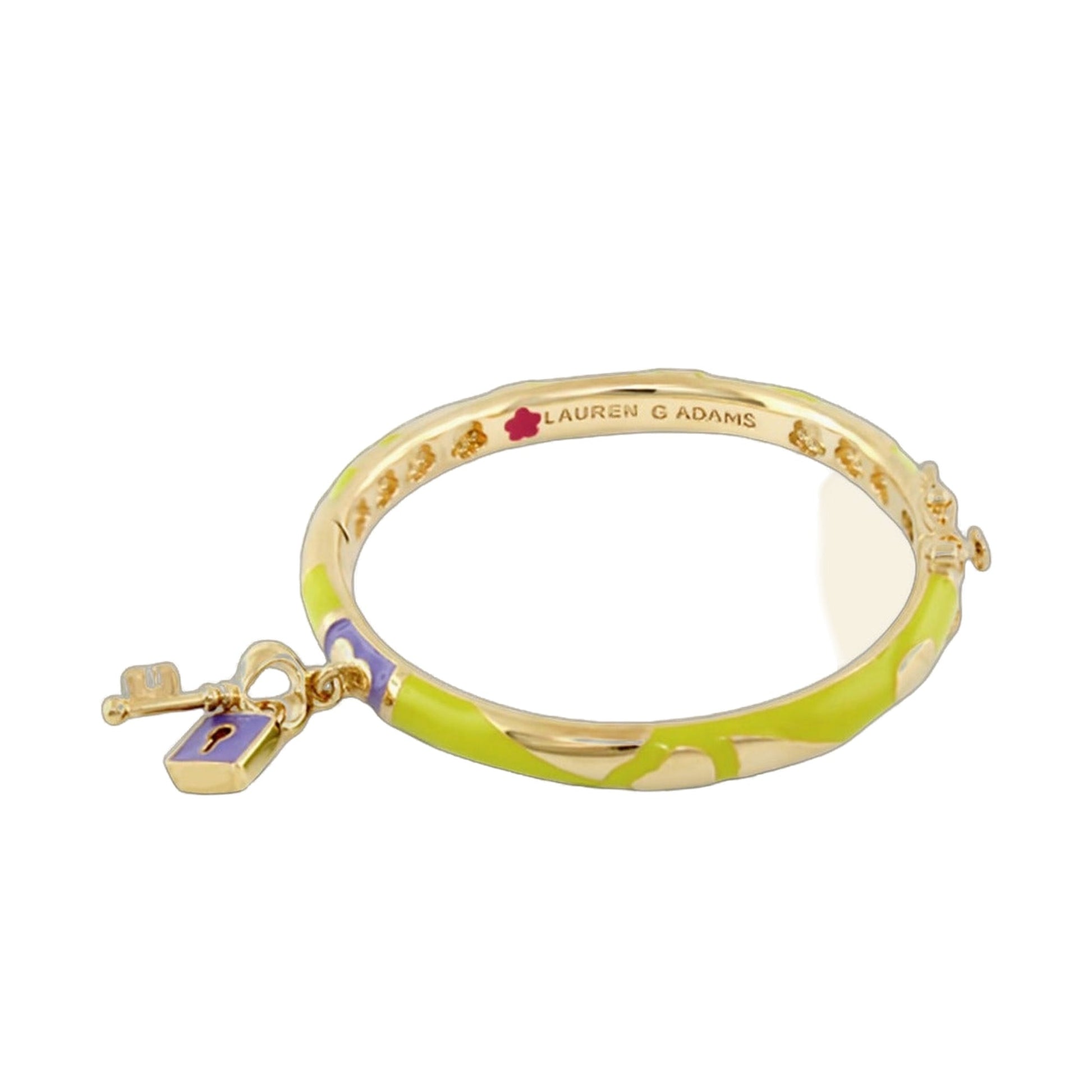 Lock and Key Bangle by Lauren G Adams; gold-tone bracelet with green enamel and padlock/key charms on Tampa Home & Garden Store