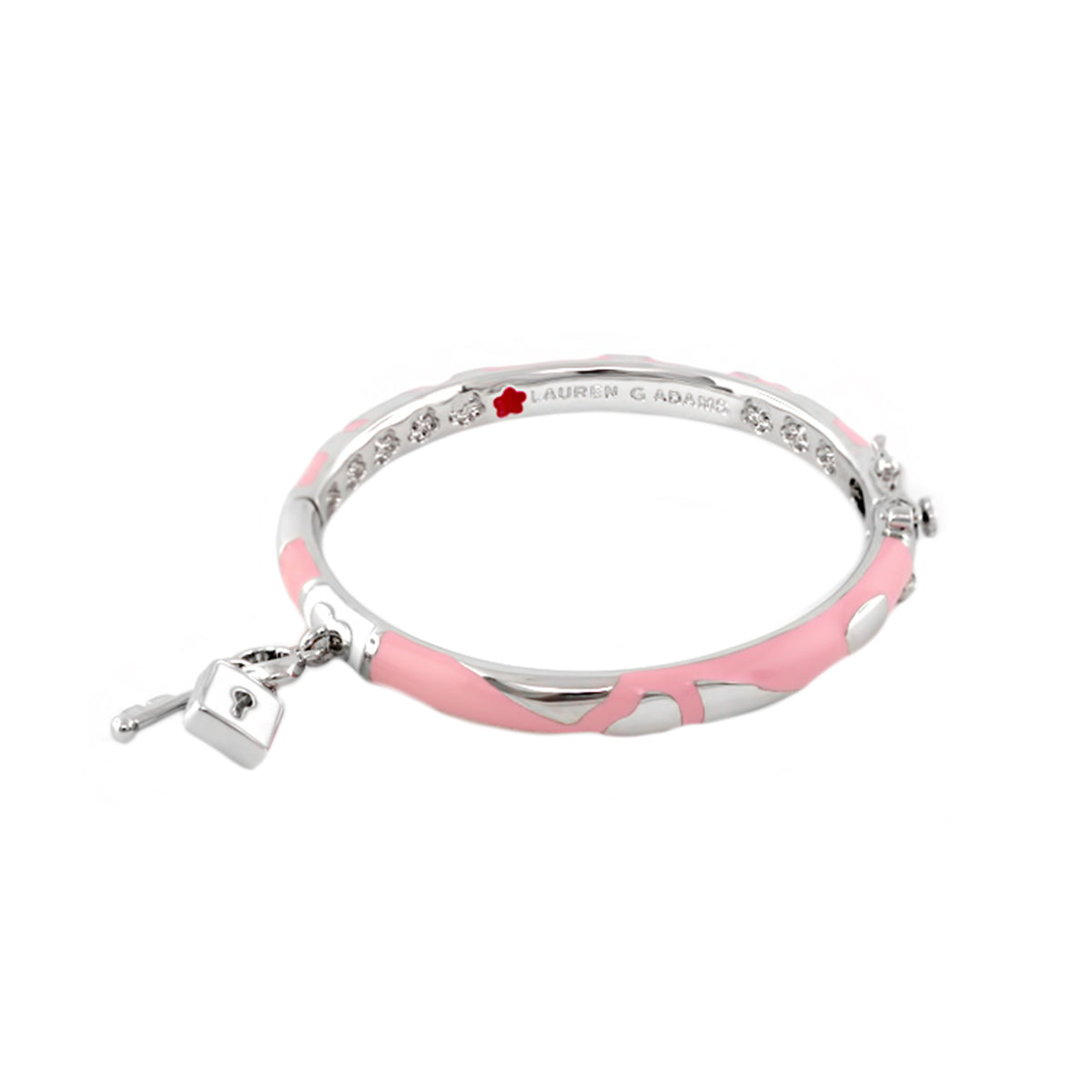 Lock and Key Bangle by Lauren G Adams, pink enamel with silver-tone trim and crystal accents, padlock charm on Tampa Home & Garden Store