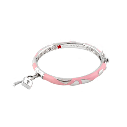 Lock and Key Bangle by Lauren G Adams, pink enamel with silver-tone trim and crystal accents, padlock charm on Tampa Home & Garden Store