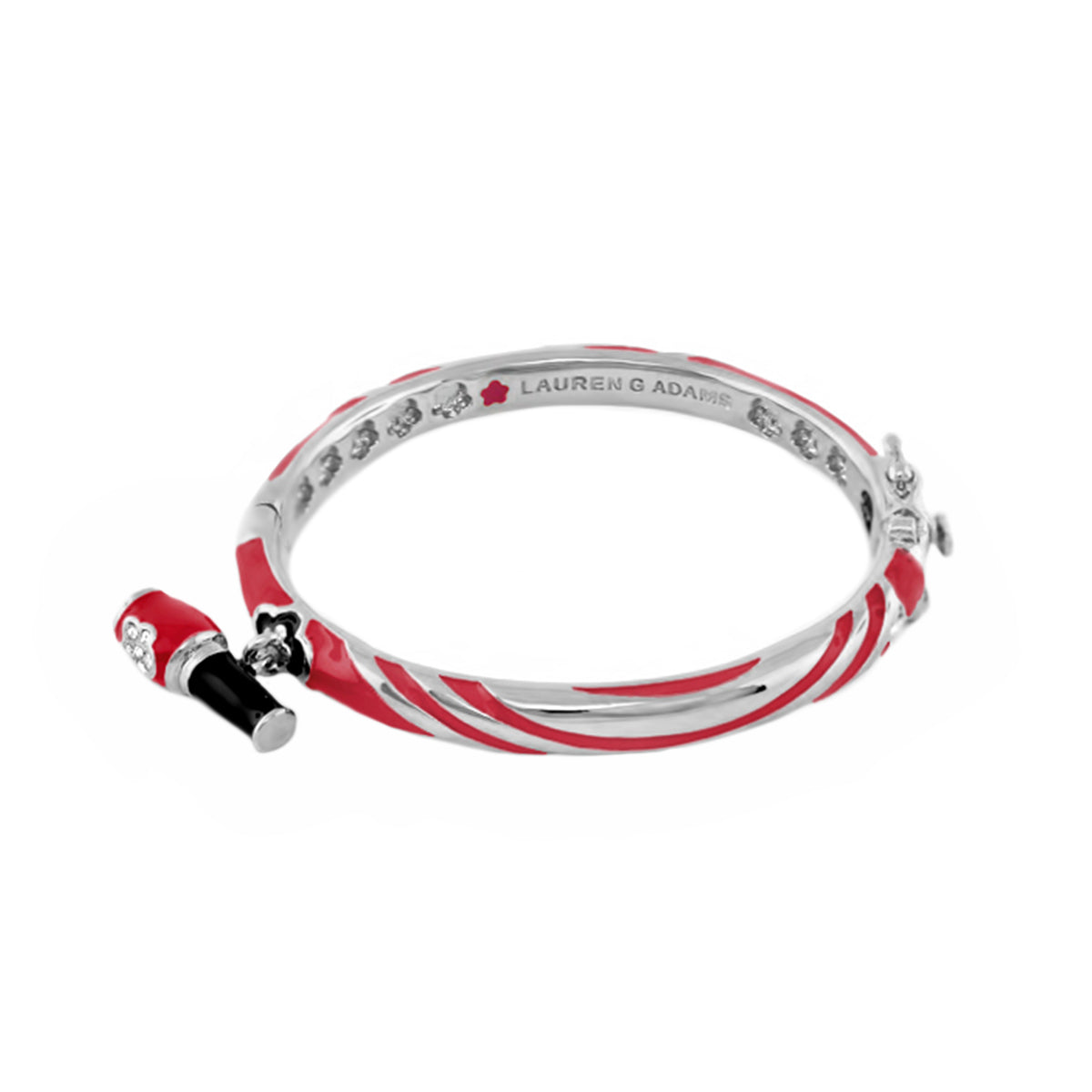 Bangle with nail polish charm, silver-tone bracelet with red enamel stripes, Lauren G Adams on Tampa Home & Garden Store