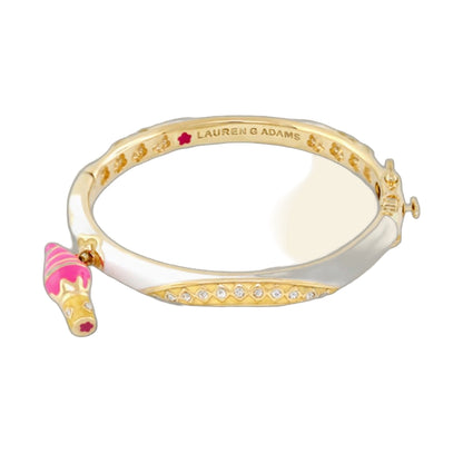 Gold bangle bracelet with pink ice cream charm and crystal accents, Lauren G Adams engraving on Tampa Home & Garden Store