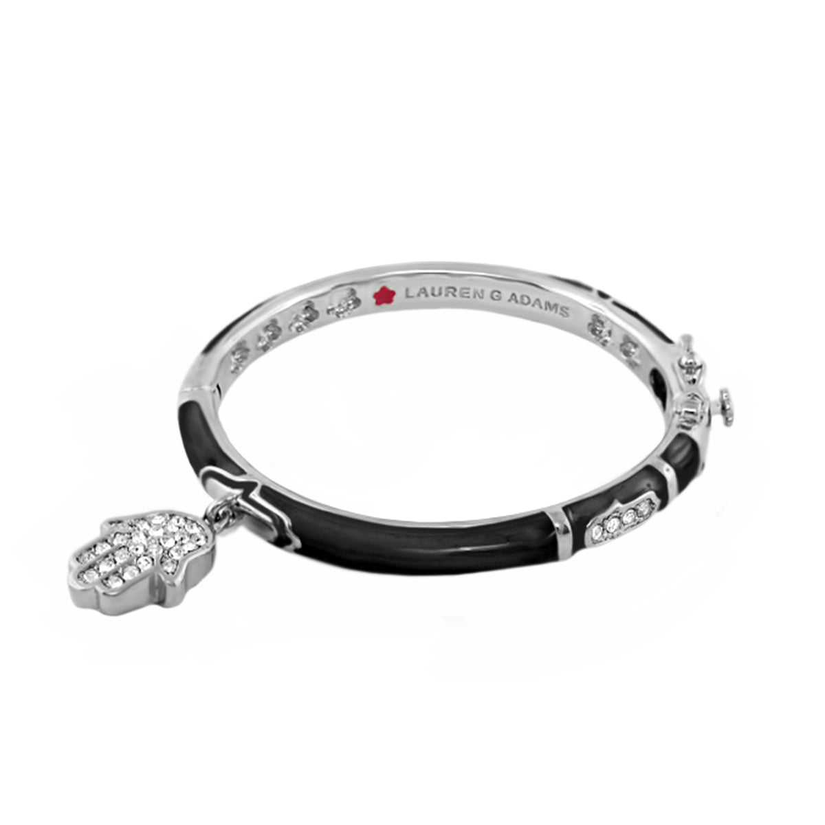 Girl's Bangle With Hamsa by Lauren G Adams, silver-tone bracelet with black enamel and crystal pavé Hamsa charm on Tampa Home & Garden Store