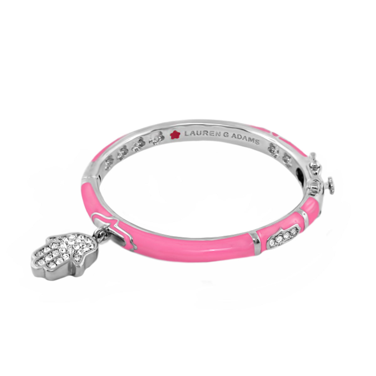 Girls' pink enamel bangle with crystal-studded hamsa hand charm, Lauren G Adams on Tampa Home & Garden Store