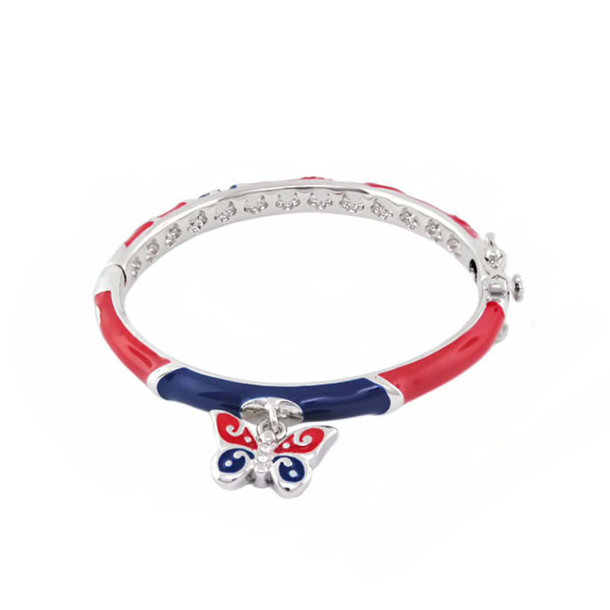 Stackable girl's butterfly charm bangle by Lauren G Adams in red and blue enamel on Tampa Home & Garden Store