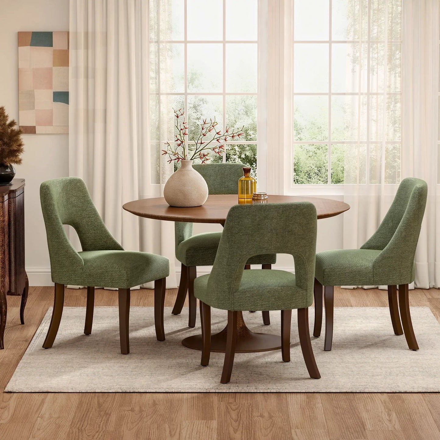 Upholstered green dining chairs with curved legs set of 2 around a round table Unique Piece Furniture on Tampa Home & Garden Store