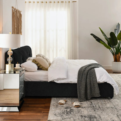 Storage upholstered hydraulic platform bed with integrated headboard in black fabric on Tampa Home & Garden Store