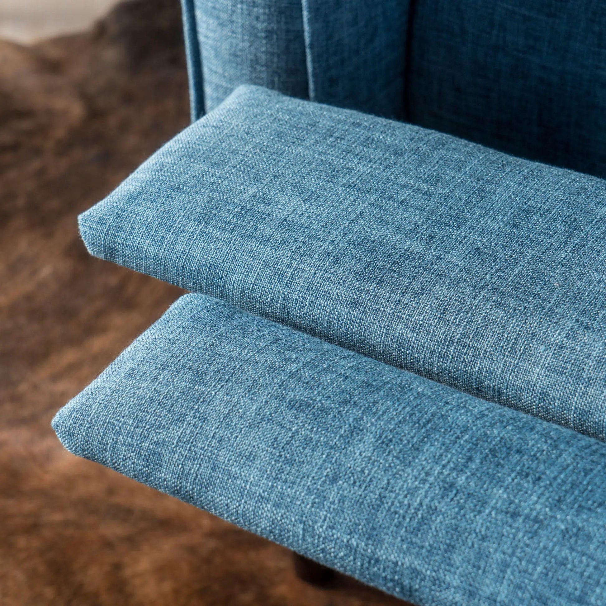 Mid-Century Modern Recliner blue denim fabric close-up by Unique Piece Furniture on Tampa Home & Garden Store
