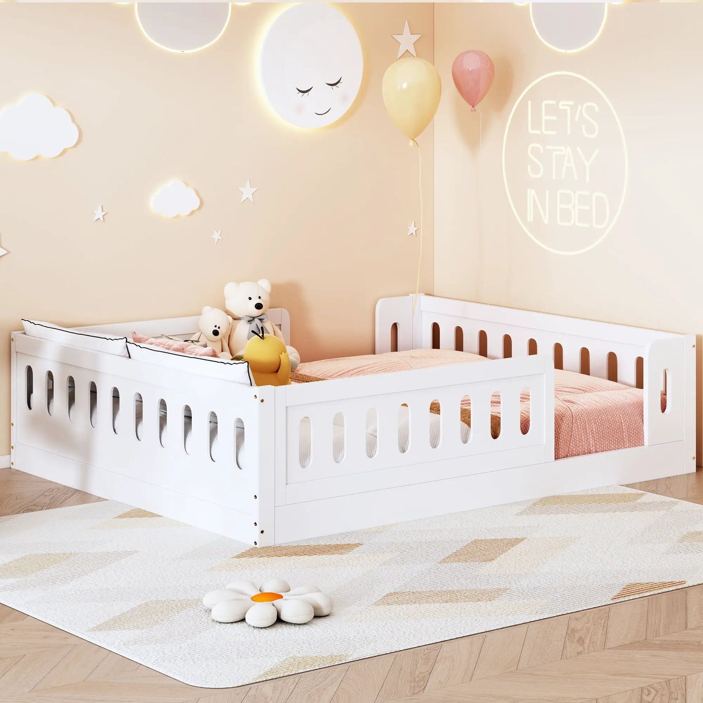 Two white platform beds with guardrails in a pastel nursery scene by Unique Piece Furniture on Tampa Home & Garden Store