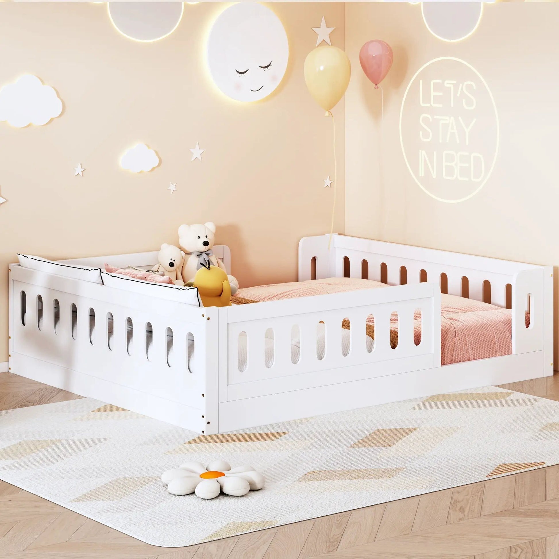 Two white platform beds with guardrails in a pastel nursery scene by Unique Piece Furniture on Tampa Home & Garden Store