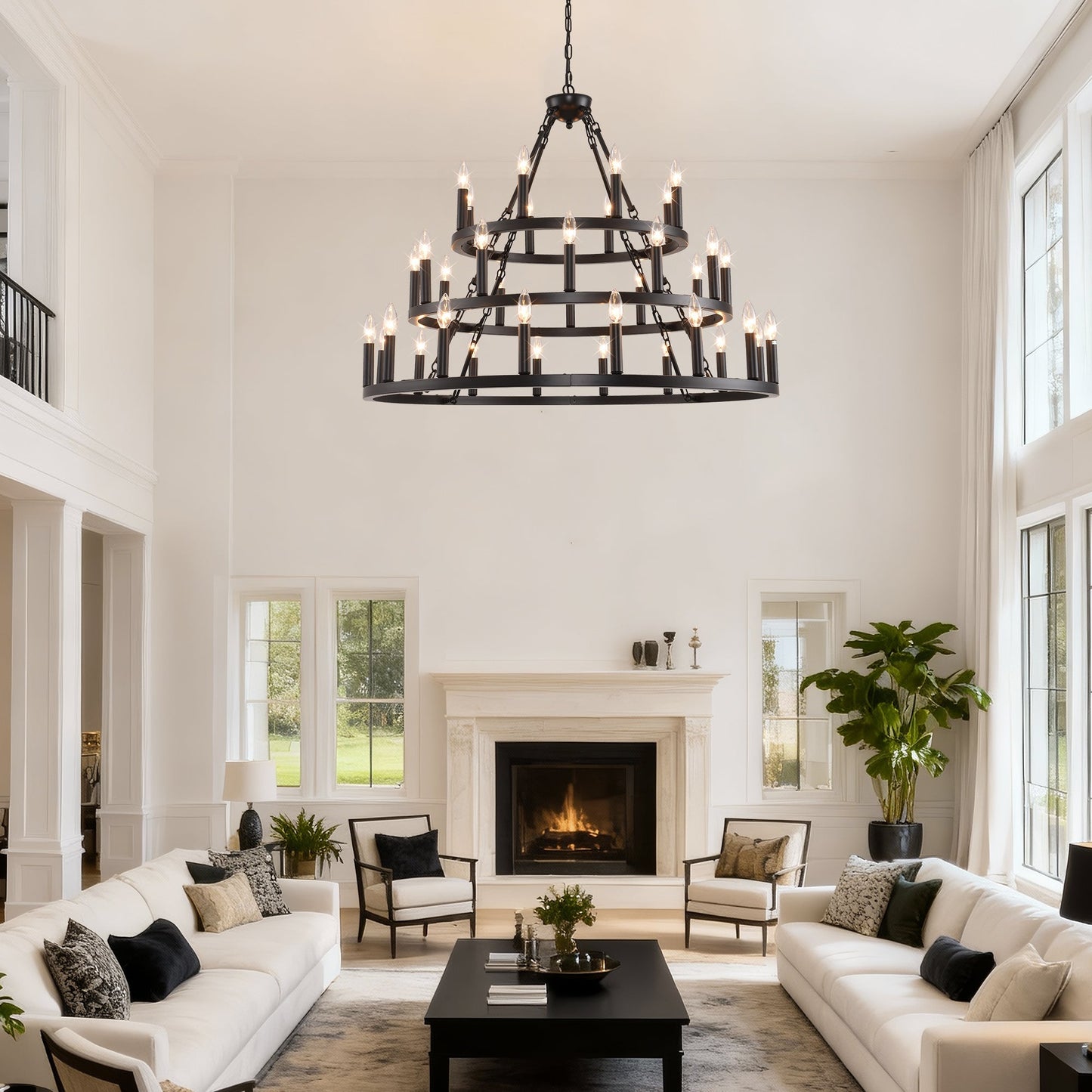39.37 inch 3-tier wagon wheel chandelier by HouseOfZazla, black metal frame with candle bulbs on Tampa Home & Garden Store