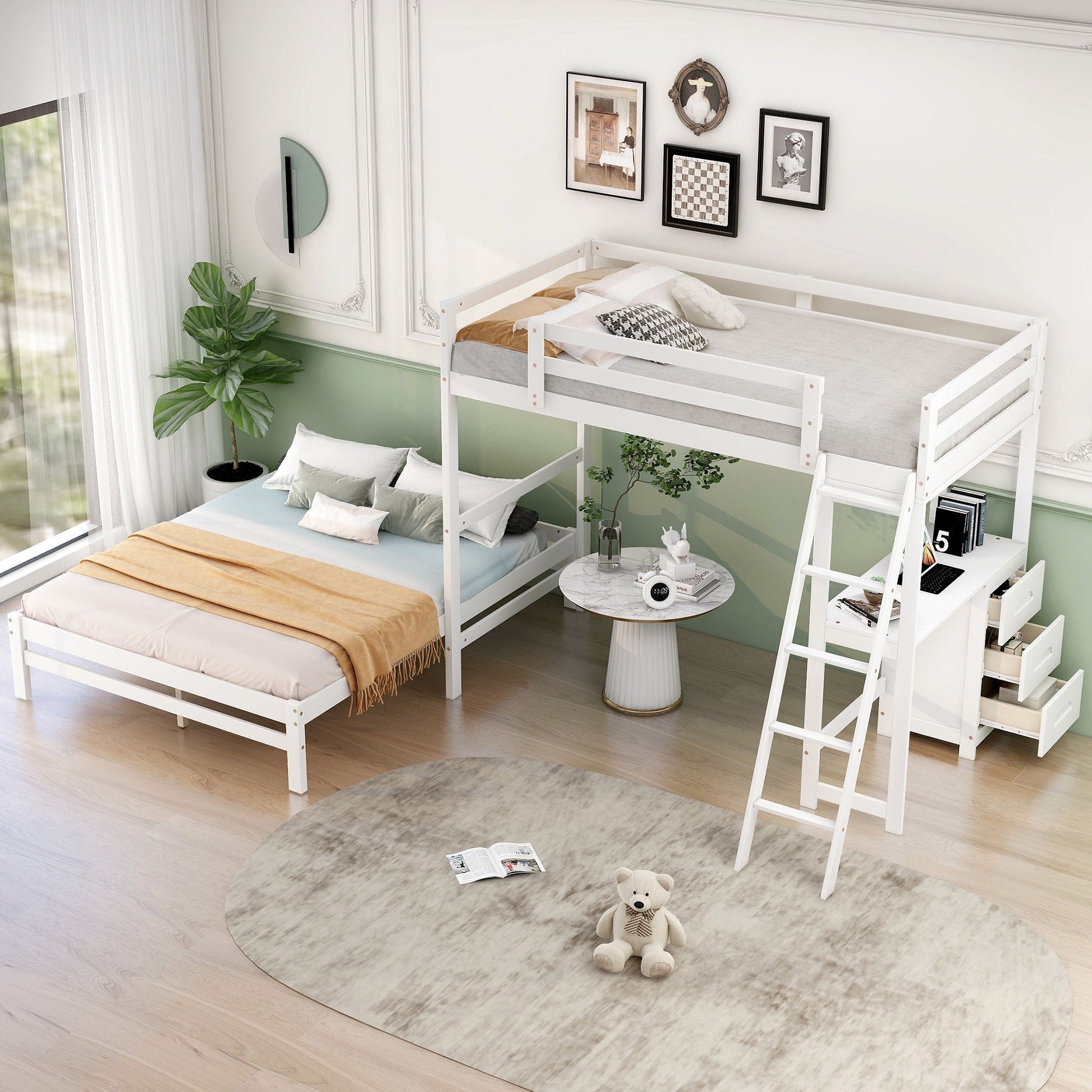 Bunk bed HouseOfZazla white frame with built-in desk and 3 drawers twin beds on Tampa Home & Garden Store