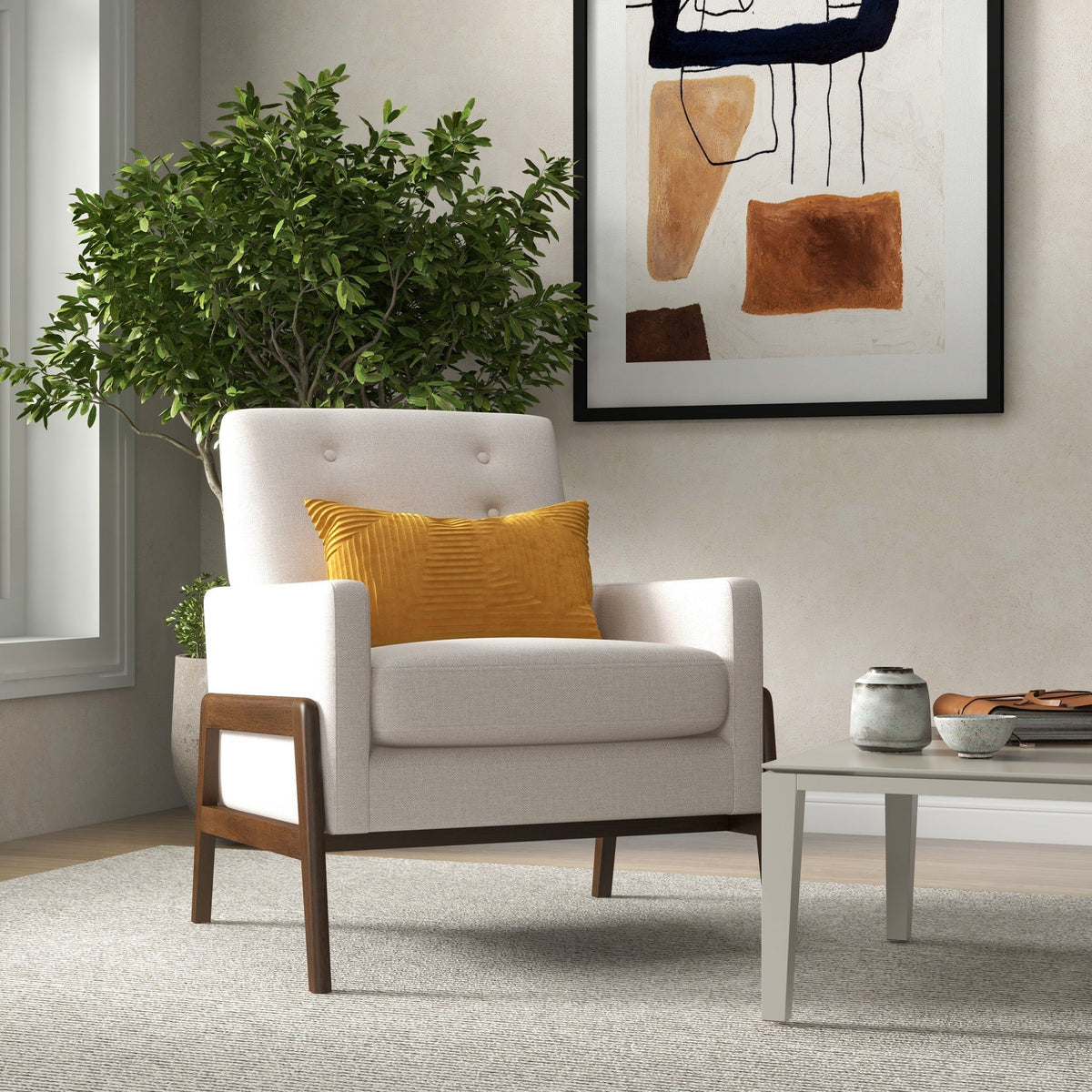 Cole Solid Wood Lounge Chair with cream upholstery and dark wood legs in a modern living room on Tampa Home & Garden Store