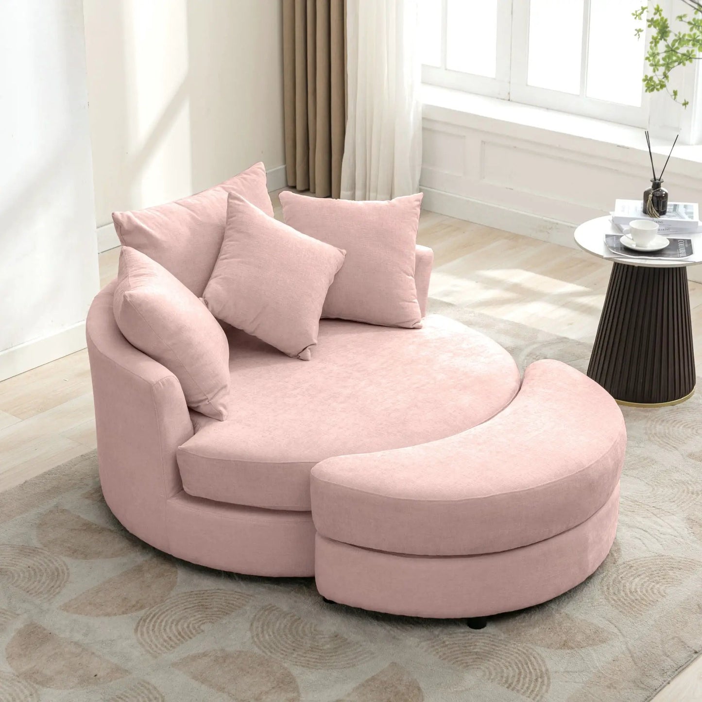 360° Swivel Accent Barrel Chair with Storage Ottoman and 4 Pillows in pink fabric living room on Tampa Home & Garden Store