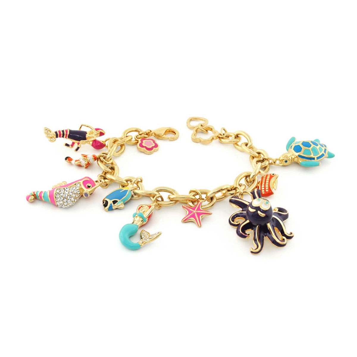 Under the Sea Child's Bracelet; gold-tone chain with turquoise turtle and pink starfish charms on Tampa Home & Garden Store