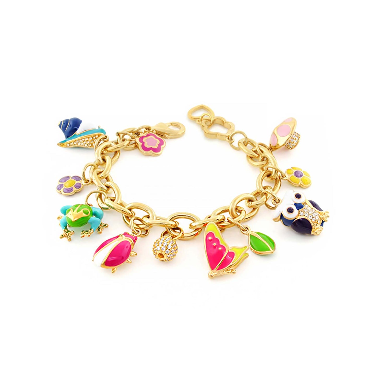 Dream Garden Bracelet; gold-tone chain with colorful enamel charms (butterflies, flowers, owl) on Tampa Home & Garden Store