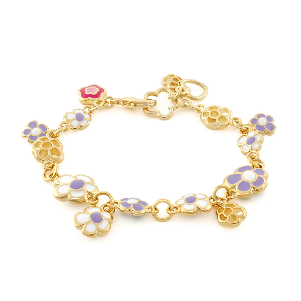 Dream Garden Bracelet gold-tone flower charms with white lavender enamel petals, lobster clasp on Tampa Home & Garden Store
