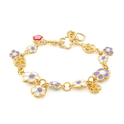 Dream Garden Bracelet gold-tone flower charms with white lavender enamel petals, lobster clasp on Tampa Home & Garden Store