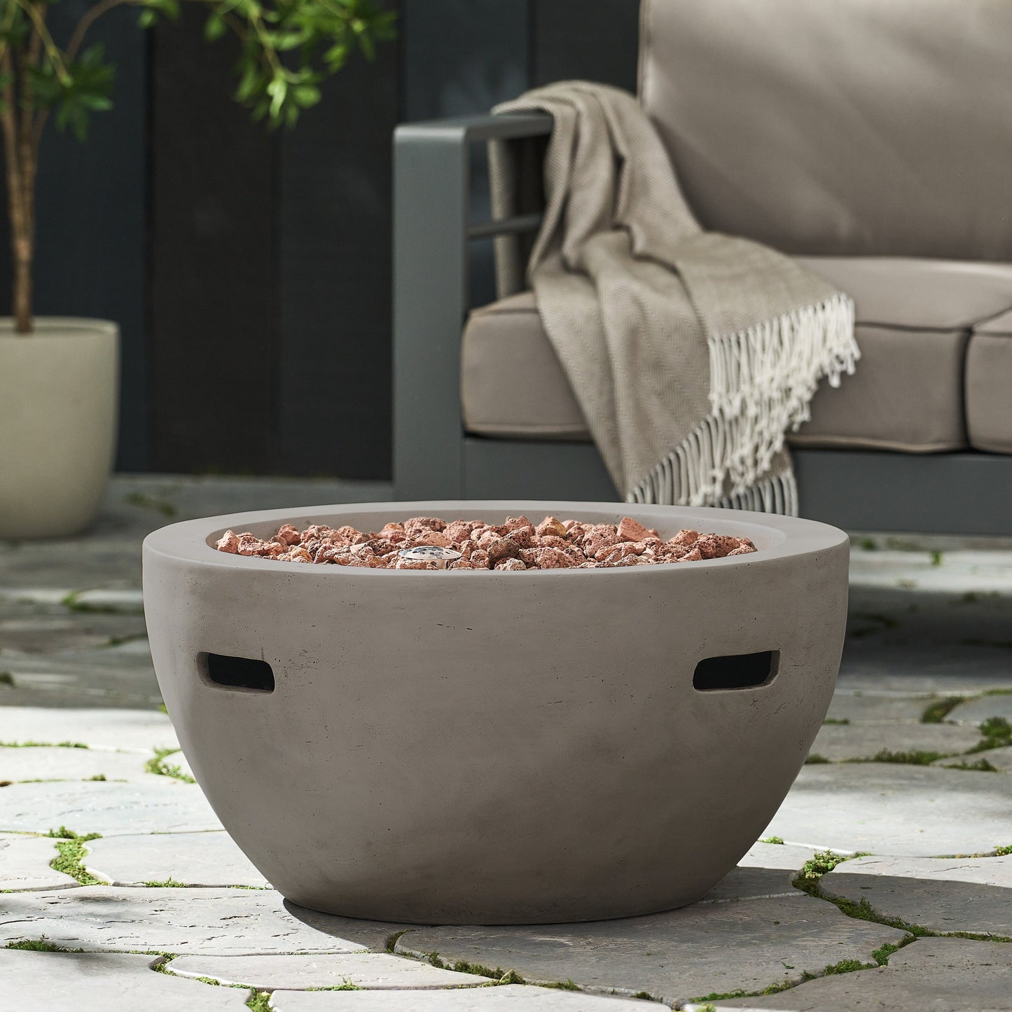 27in bowl-shaped MGO propane fire pit 40,000 BTU in light grey HouseOfZazla on Tampa Home & Garden Store