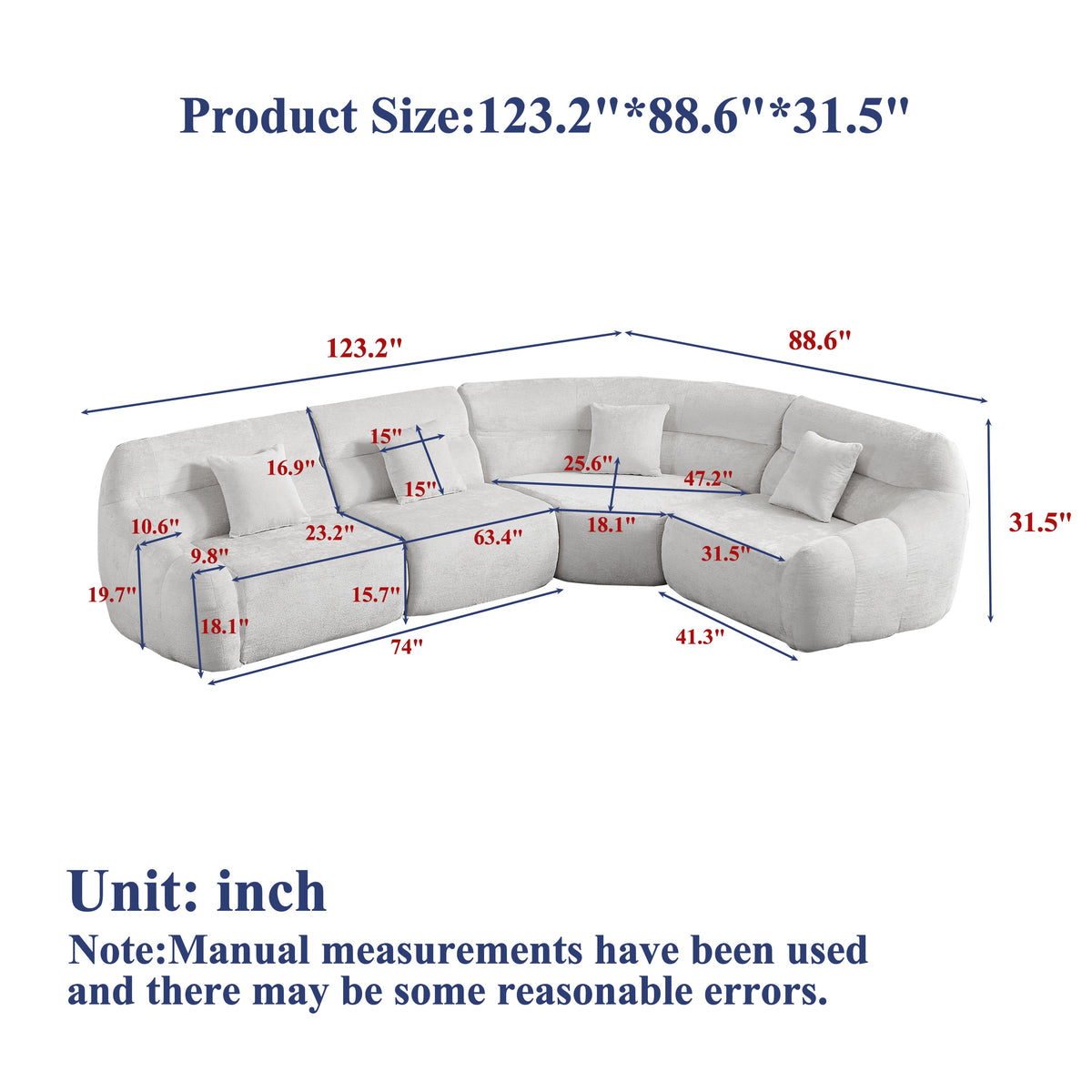 Sofa: 123.2-inch Modern Luxury Curved Corner Sectional by HouseOfZazla gray fabric on Tampa Home & Garden Store