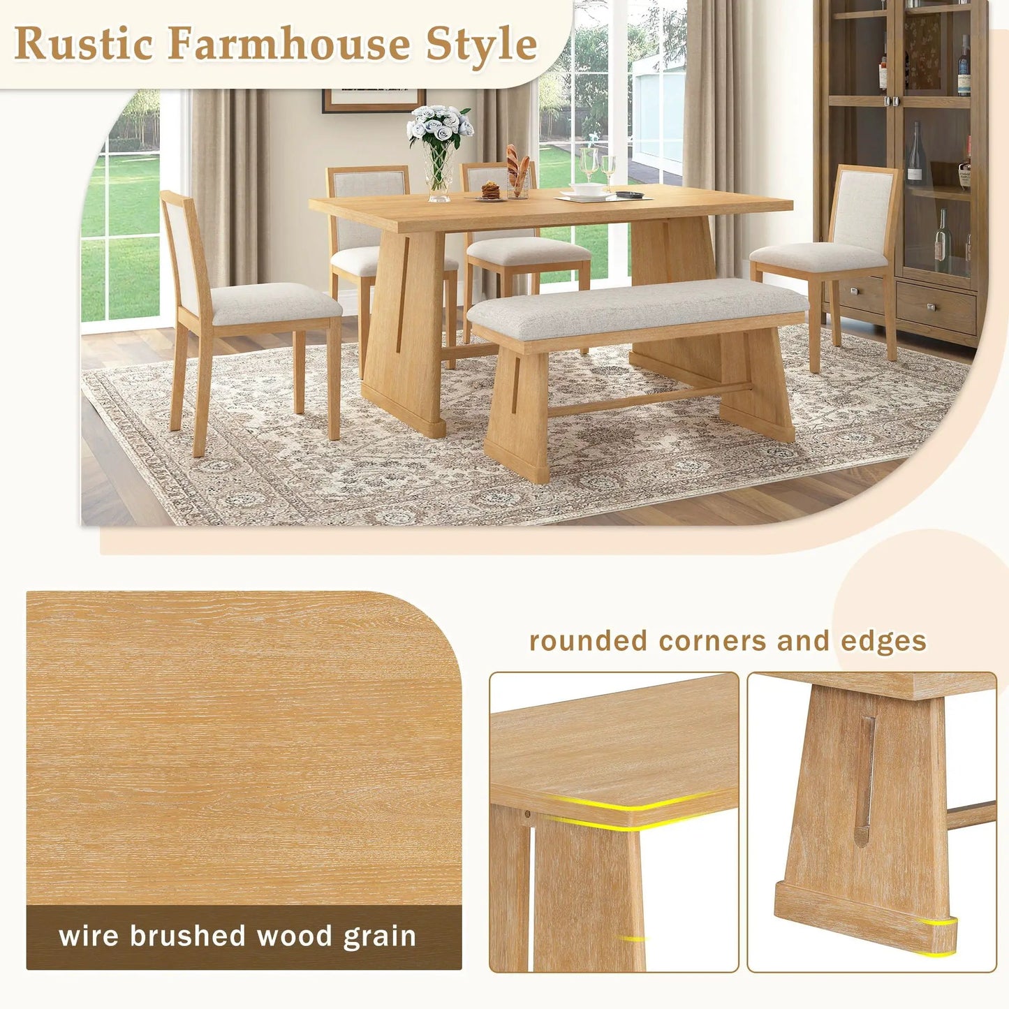Dining set: rectangular table with 4 upholstered chairs and 1 bench in light wood finish on Tampa Home & Garden Store