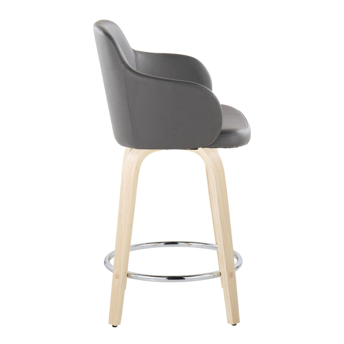 Modern fixed-height counter stool in gray faux leather with wood legs chrome footrest on Tampa Home & Garden Store