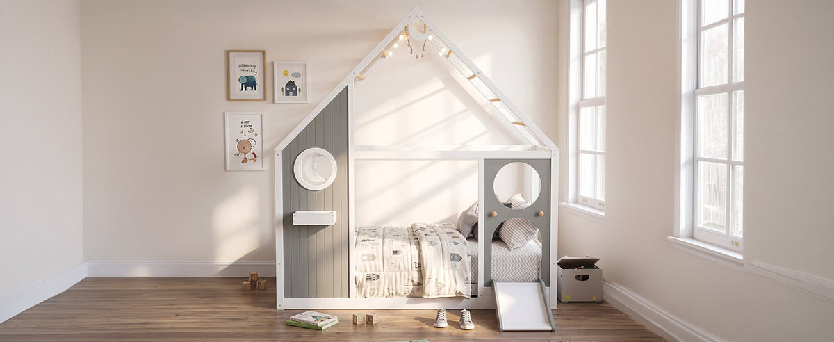 Twin House Bed with Slide and Ball Light Strip - Gray, white wood frame by HouseOfZazla on Tampa Home & Garden Store