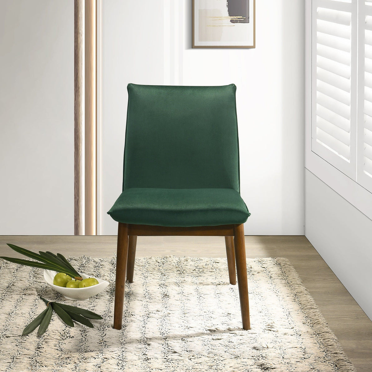 Monza contemporary dining chair in dark green fabric with a solid wood frame on Tampa Home & Garden Store