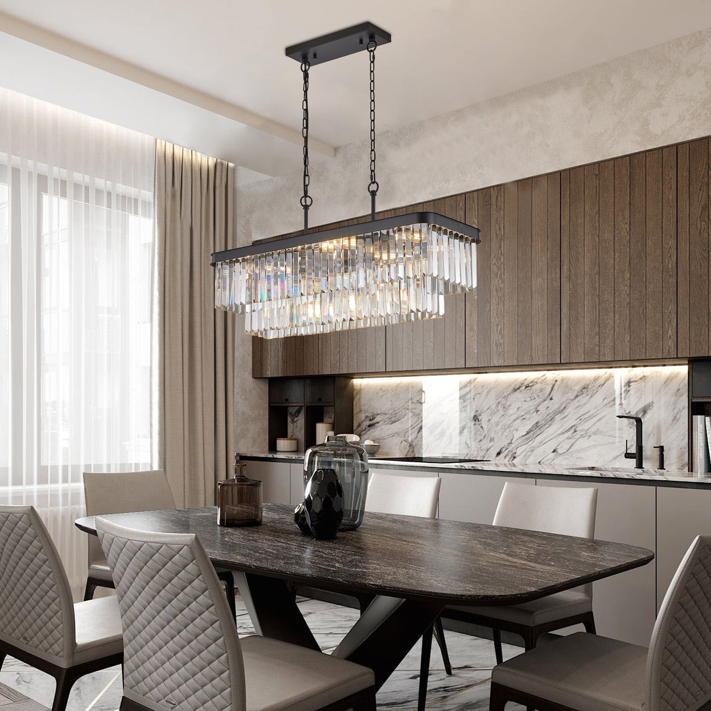 Rectangular Crystal Chandelier Adjustable, black metal frame with crystal prisms by HouseOfZazla on Tampa Home & Garden Store
