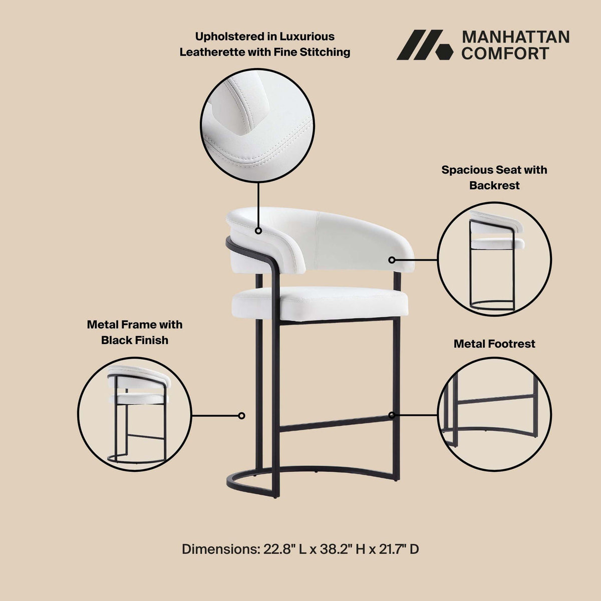 Augusta Counter Stool white upholstery with black frame counter-height 24-27 HouseOfZazla on Tampa Home & Garden Store