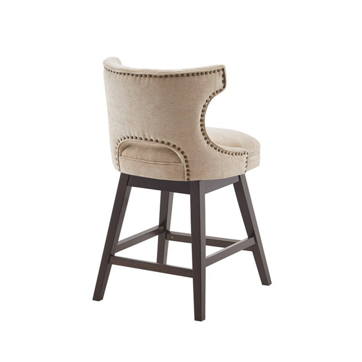 360 Degree Swivel Counter Stool beige fabric with nailhead trim and dark wood legs on Tampa Home & Garden Store