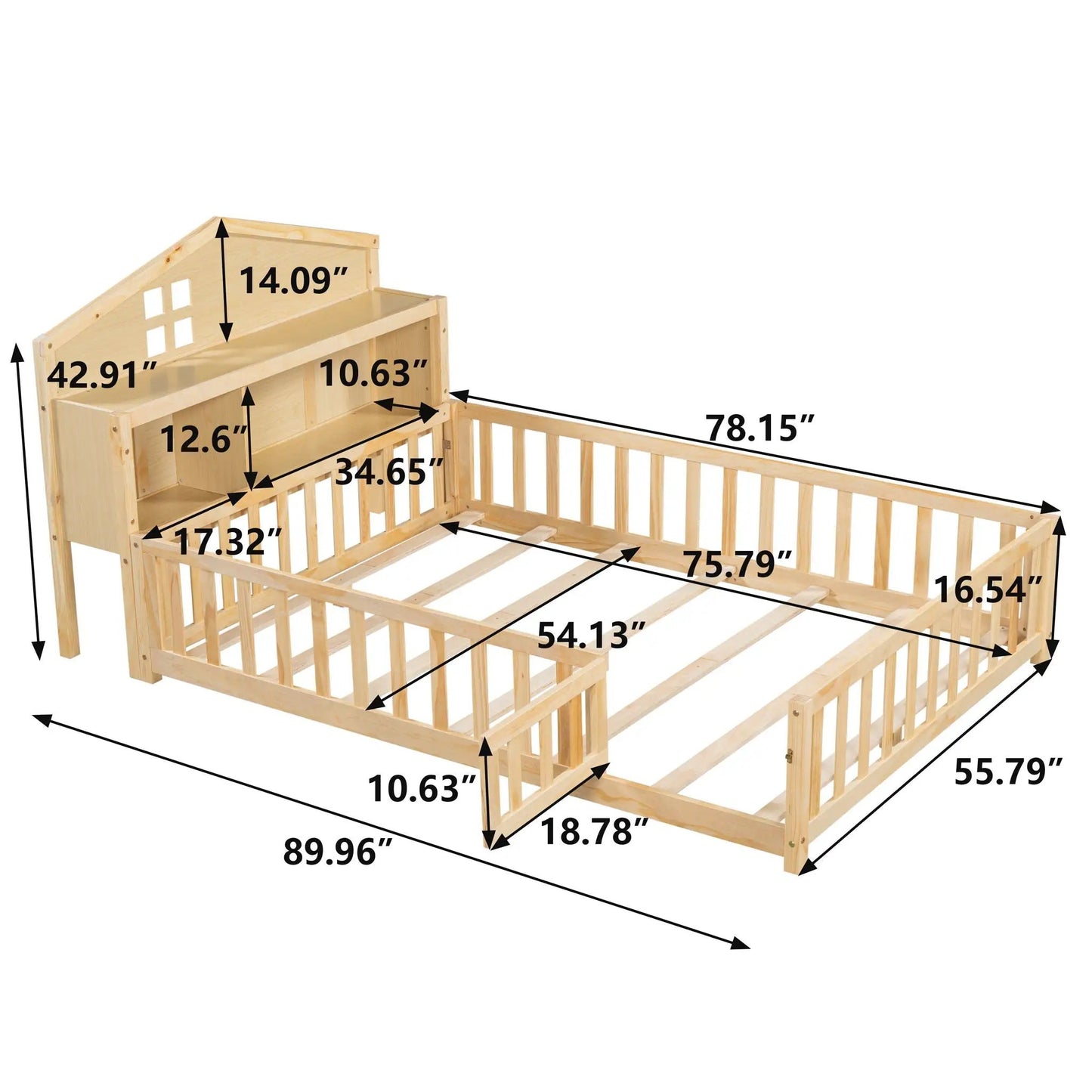 Montessori floor bed with bookcases, guard rails and storage headboards in natural solid wood on Tampa Home & Garden Store