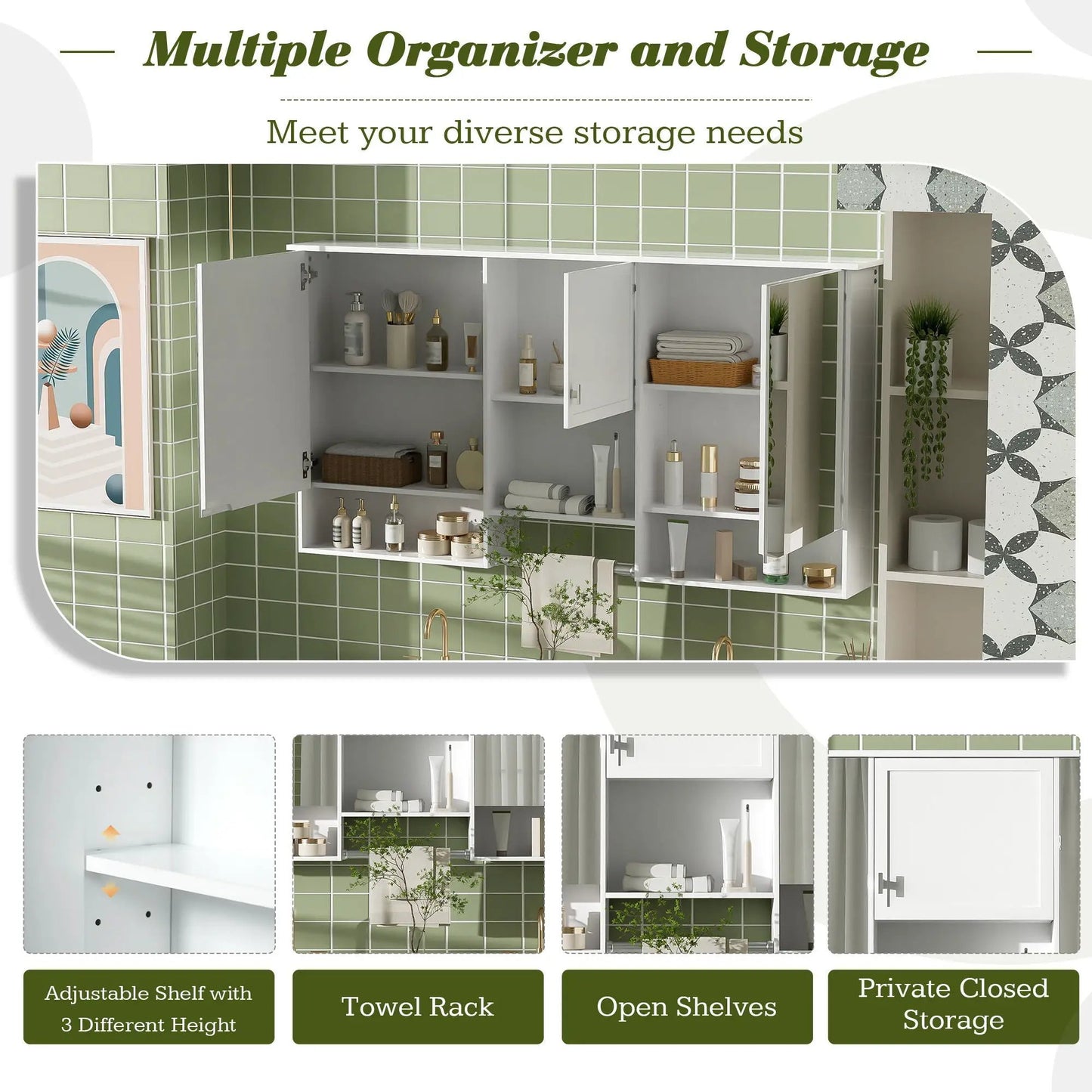 Wall-Mounted 3-in-1 Mirror Cabinet with Shelf