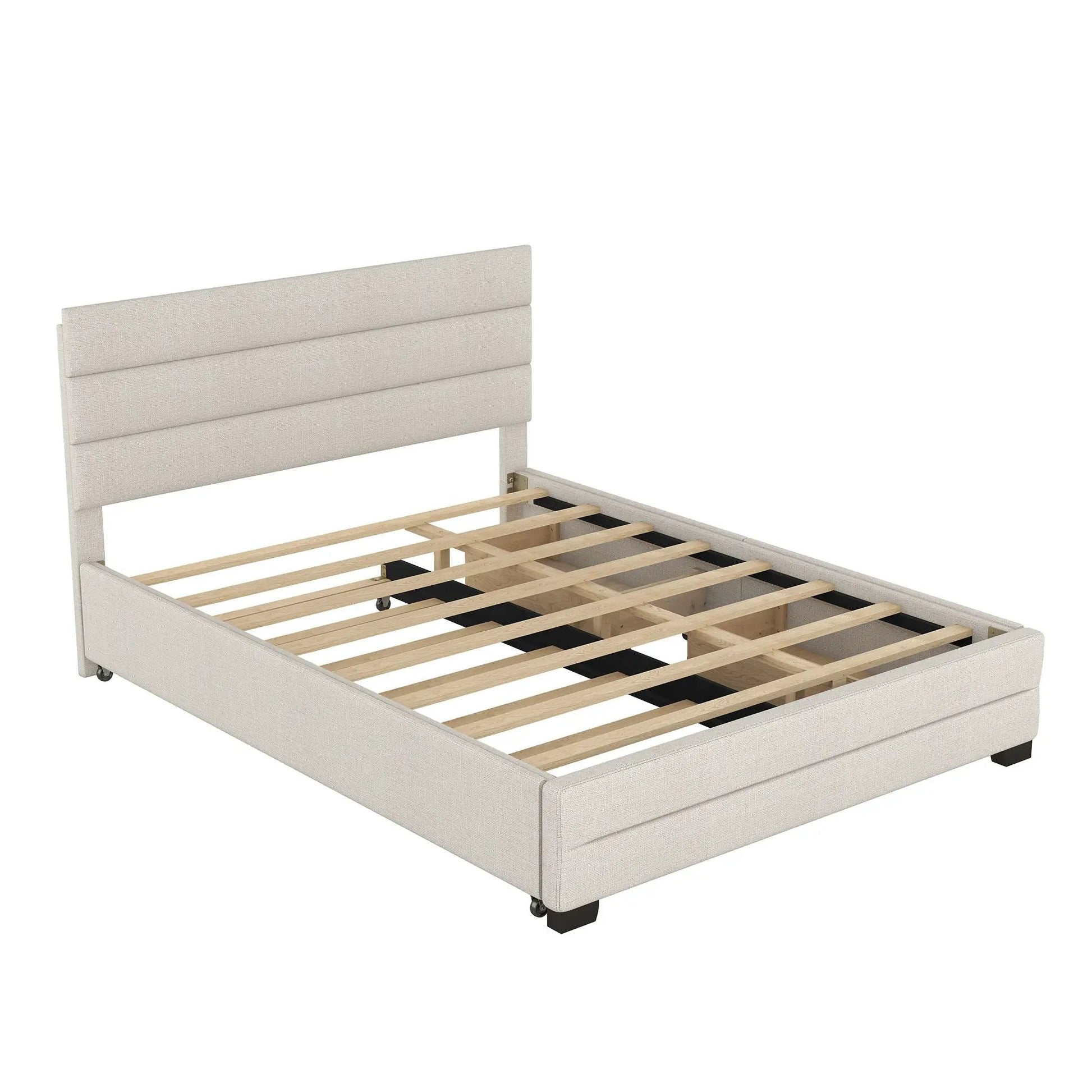 Beige upholstered queen platform bed with twin trundle and 2 storage drawers on Tampa Home & Garden Store