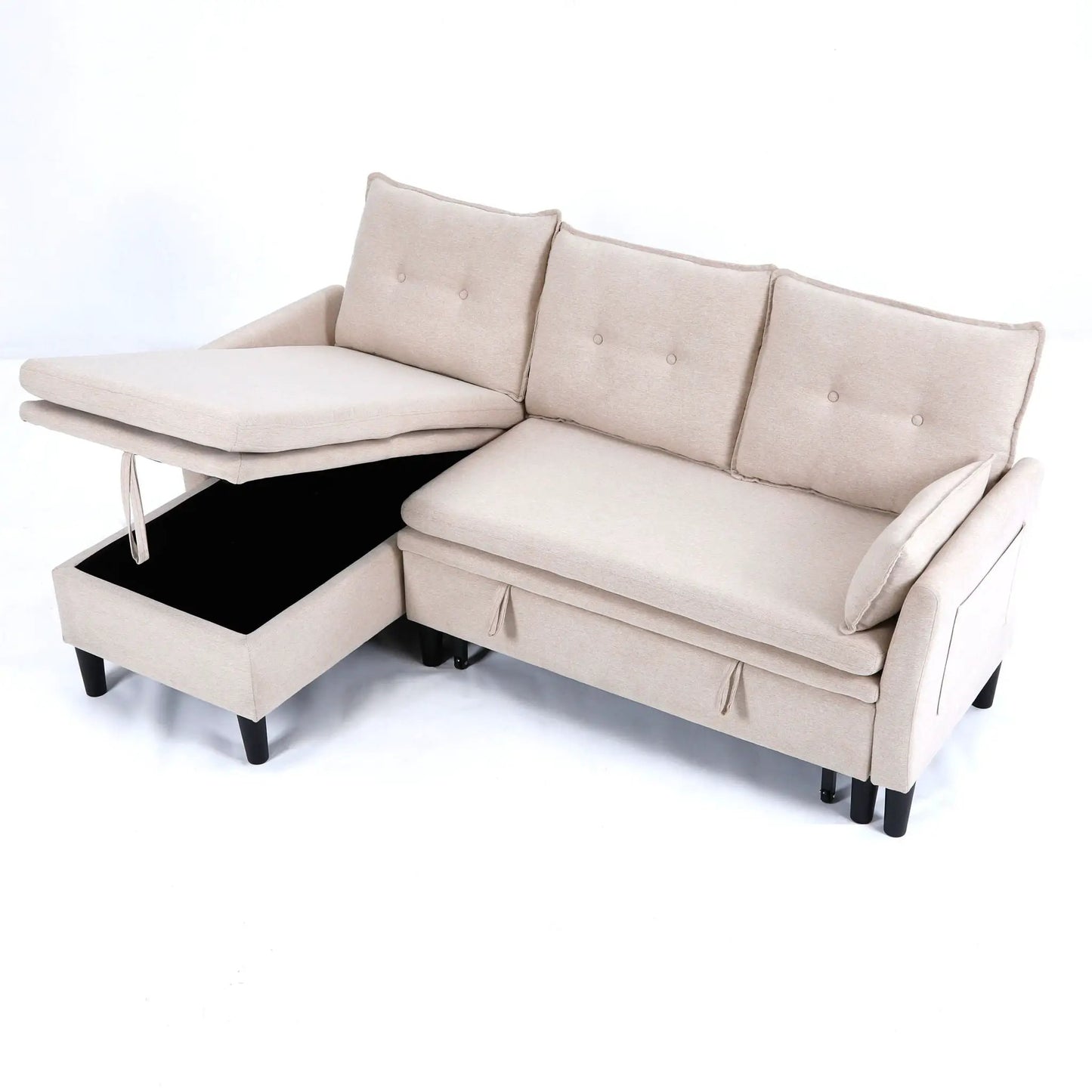 Beige fabric L-Shaped reversible chaise sectional with open under-seat storage drawer on Tampa Home & Garden Store