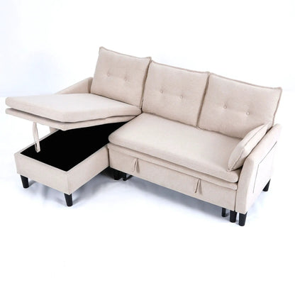 Beige fabric L-Shaped reversible chaise sectional with open under-seat storage drawer on Tampa Home & Garden Store
