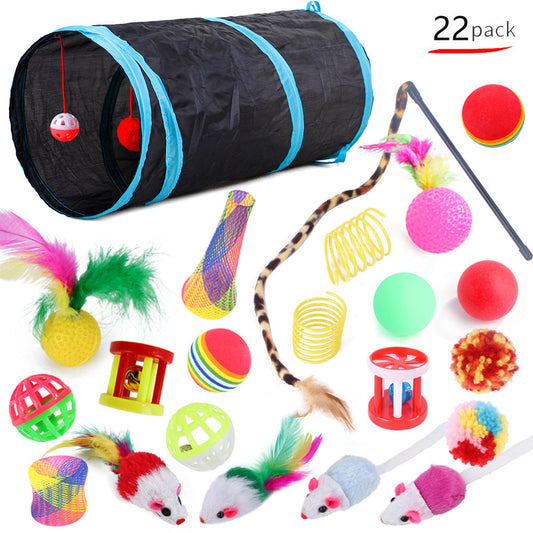 Cat Tunnel and Toy Set with black tunnel and blue trim; 22-pack of cat toys including feathers, balls and mice on Tampa Home & Garden Store