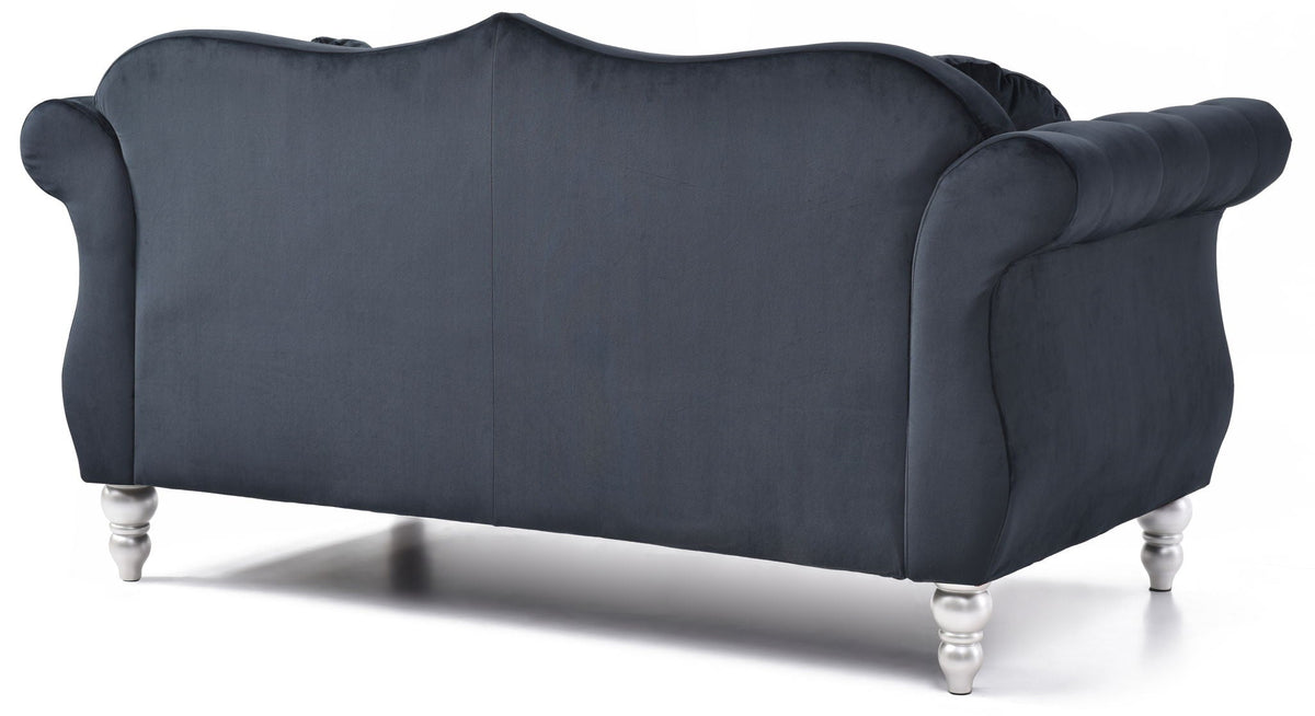 Stylish Flared Arm Loveseat by HouseOfZazla in navy velvet, stationary sofa with silver legs on Tampa Home & Garden Store