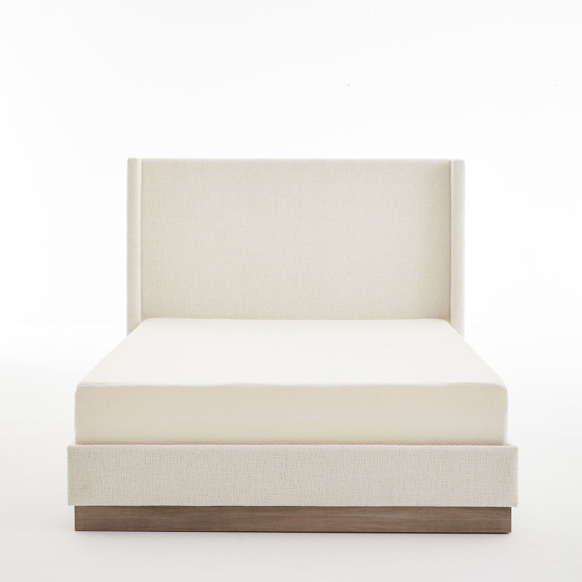 Hosford minimalist upholstered wingback bed with wood base, beige fabric by HouseOfZazla on Tampa Home & Garden Store