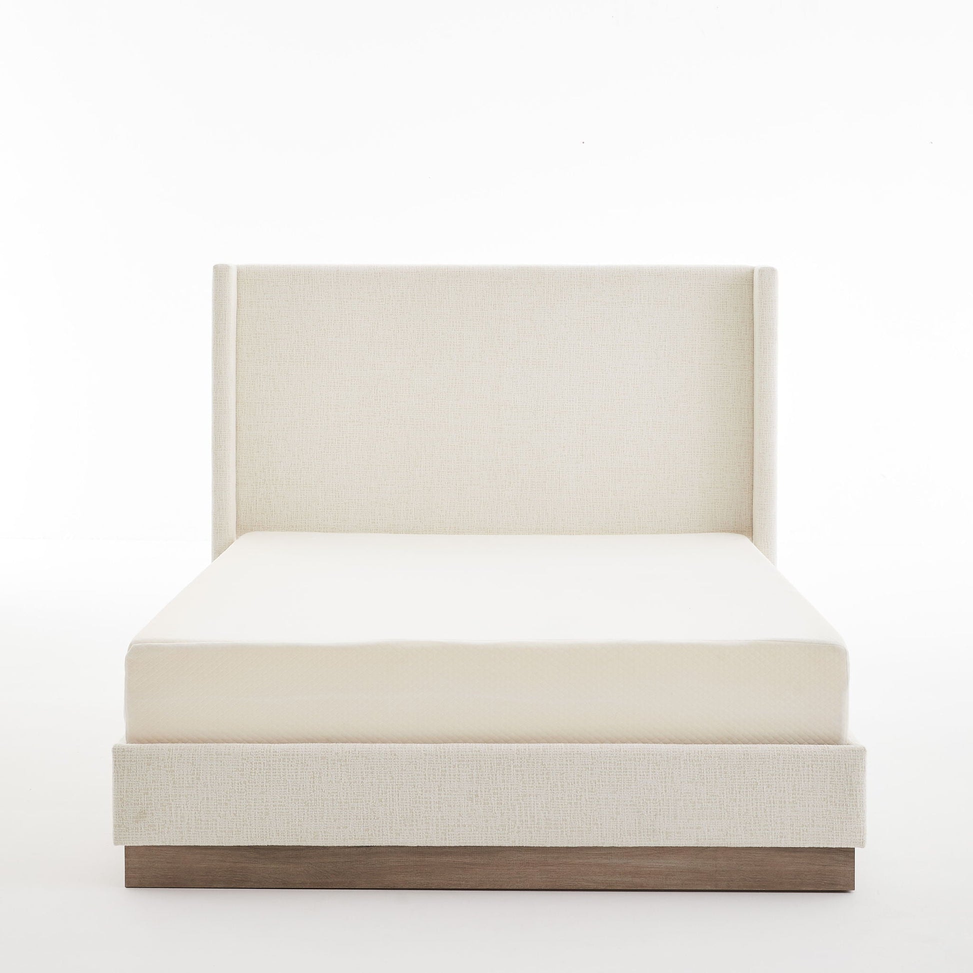 Hosford minimalist upholstered wingback bed with wood base, beige fabric by HouseOfZazla on Tampa Home & Garden Store